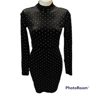 H&M Black Velour Metal Studded Long Sleeve Mockneck Dress - Size Small